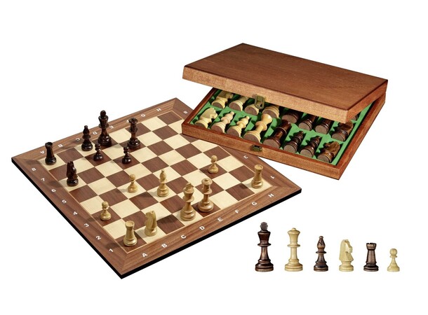 Schack Stora pjäser Turnering 49cm 50 mm fält - kung 90 mm - Pjäsebox i trä 